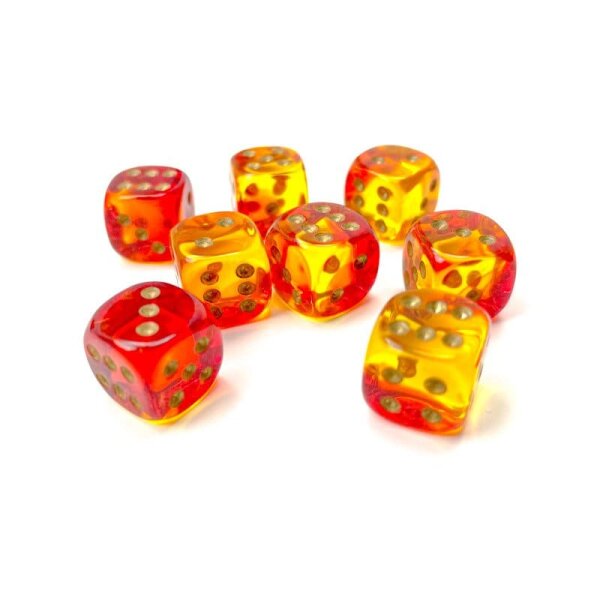 Würfelset: 36 Würfel, Gemini 12mm Translucent d6 Red-Yellow/gold
